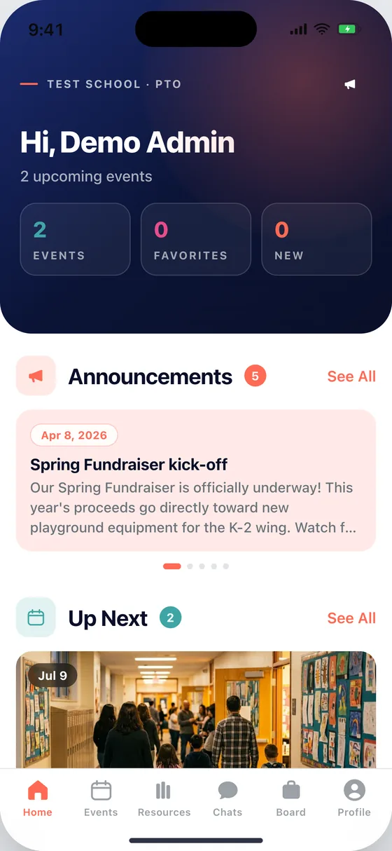 The PTO App home screen: upcoming events, a live fundraiser, and the latest announcements.